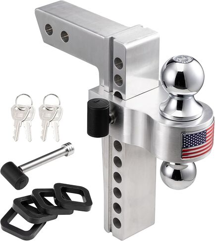 CZC AUTO قابل للتعديل مقطورة وصلة ربط الكرة جبل عرقوب الألومنيوم، 10 بوصة قطرة / ارتفاع، يناسب جهاز استقبال 2 بوصة، 2 ''و 2-5/16'' كومبو كرات سحب الفولاذ المقاوم للصدأ مع دبابيس وأقفال مزدوجة من الفولاذ المقاوم للصدأ in Kuwait