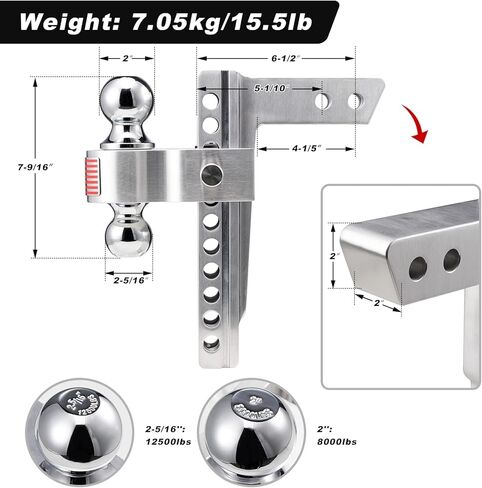 CZC AUTO قابل للتعديل مقطورة وصلة ربط الكرة جبل عرقوب الألومنيوم، 10 بوصة قطرة / ارتفاع، يناسب جهاز استقبال 2 بوصة، 2 ''و 2-5/16'' كومبو كرات سحب الفولاذ المقاوم للصدأ مع دبابيس وأقفال مزدوجة من الفولاذ المقاوم للصدأ in Kuwait
