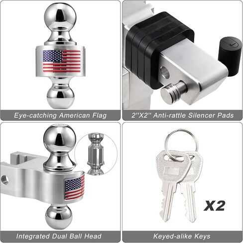 CZC AUTO قابل للتعديل مقطورة وصلة ربط الكرة جبل عرقوب الألومنيوم، 10 بوصة قطرة / ارتفاع، يناسب جهاز استقبال 2 بوصة، 2 ''و 2-5/16'' كومبو كرات سحب الفولاذ المقاوم للصدأ مع دبابيس وأقفال مزدوجة من الفولاذ المقاوم للصدأ in Kuwait
