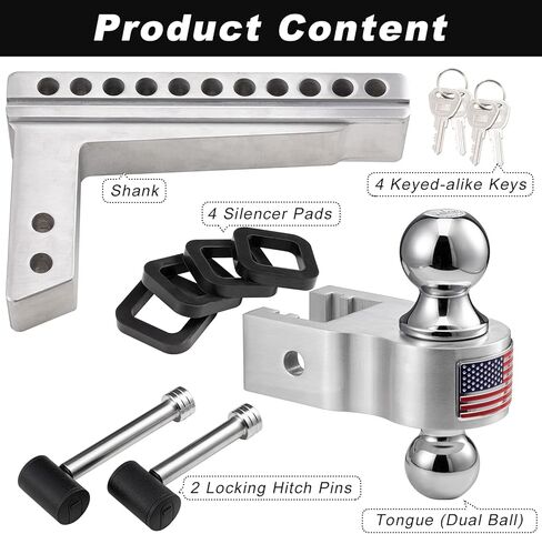 CZC AUTO قابل للتعديل مقطورة وصلة ربط الكرة جبل عرقوب الألومنيوم، 10 بوصة قطرة / ارتفاع، يناسب جهاز استقبال 2 بوصة، 2 ''و 2-5/16'' كومبو كرات سحب الفولاذ المقاوم للصدأ مع دبابيس وأقفال مزدوجة من الفولاذ المقاوم للصدأ in Kuwait