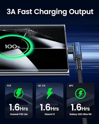 كابل USB C بالزاوية اليمنى، 2 حزمة 6.6 قدم USB A إلى USB C كابل شاحن 90 درجة سلك شحن سريع مضفر لهاتف iPhone 15/15 Plus/15 Pro/15 Pro Max/Samsung Galaxy S10 S10+، LG V30، Switch in Saudi Arabia