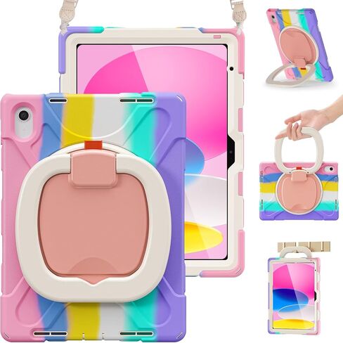 حافظة BRAECN iPad الجيل العاشر 2022 10.9 بوصة A2696 A2757 A2777، حافظة سيليكون متينة شديدة التحمل مع حامل حلقي دوار/مسند ثابت/حزام كتف/حامل قلم رصاص/واقي شاشة، وردي ملون in Saudi Arabia