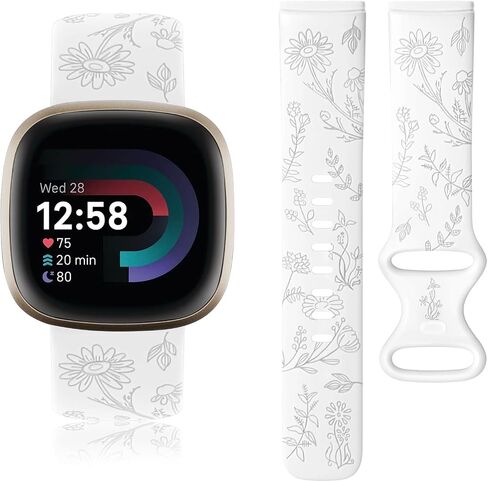 Vancle Silicone Floral Engraved Band Compatible with Fitbit Versa 4 Bands/Fitbit Versa 3 Bands Women Men, Soft Silicone Replacement Strap for Fitbit Sense 2 / Versa 4 Smart Watch in Saudi Arabia