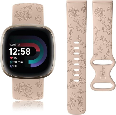 Vancle Silicone Floral Engraved Band Compatible with Fitbit Versa 4 Bands/Fitbit Versa 3 Bands Women Men, Soft Silicone Replacement Strap for Fitbit Sense 2 / Versa 4 Smart Watch in Saudi Arabia