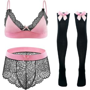 FEOYA Feminine Underwear for Men Sissy Lingerie Set 3 Piece Floral Lace Bra And Panty Stockings For Crossdressers