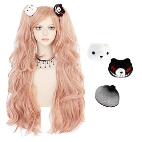 Joneting junko enoshima cosplay wig 【+2 Bears +1 wig cap】 wig pink for anime cosplay women costume long pink pink wavy wavs with bonytails pink tinthetic wig for halloween Christmas Peluca Rosa