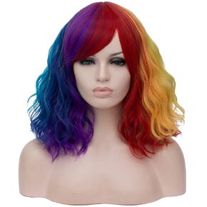 BERON 14 Inches Multi Color Wig Women’s Rainbow Curly with Bangs Colorful for Women Halloween Cosplay Wig for Daily Use Synthetic Wigs (Multi-color)