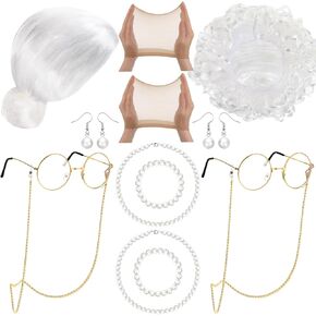 Yingzhao 13 PCS Lady Old Wigs زي السيدة العجوز للنساء 100 يوم من المدرسة الجدة