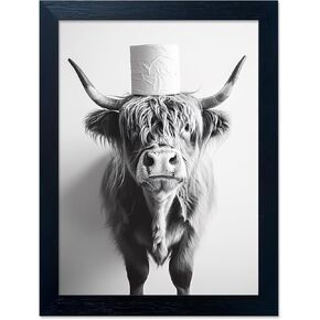 Framed Black and White Bathroom Wall Decor Highland Cow with Toilet Paper on Head Canvas Wall Art Toilet Decor Cow Pictures Wall Decor Animal Bathroom Sign Artworks for Home