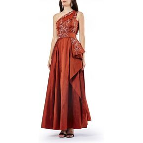 Women's One-Shoulder Embroidered Taffeta Dress – Floral Beaded Maxi with Overlay