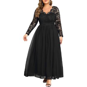 Plus Size Formal Wedding Dresses - Gowns Evening Prom Elegant V Neck Long Sleeve Lace Chiffon Long Maxi Dress
