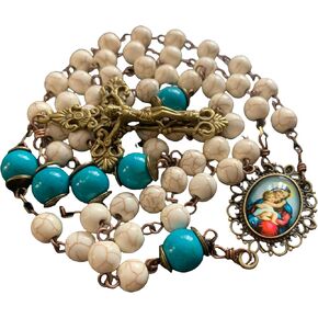 Vintage Handmade turquoise stone beads 5 decade rosary necklace crucifix cross catholic gift