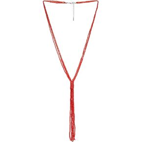 COOLSTEELANDBEYOND Red Beads Lariat Necklace, Y-Shaped Long Statement Necklace Multi-Strand Chains with Crystal Beads