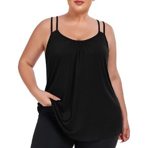 FOREYOND Women's Plus Size Tank Tops with Built in Bra Flowy Racerback Camisole Tops Casual Loose Pleated Summer Shirts