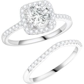 Solitaire Moissanite خاتم الخطوبة مجموعة للنساء ، 1.0Ct Round D Color VVS1 Clarity Halo 925 Sterling Silver Promise Ring Band Moissanite Ring