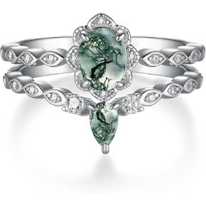 Moss Agate Engagement Ring Set - 925 Sterling Silver Wedding Promise Ring - Jewelry Gifts for Women Wife Valentine's Day Christmas