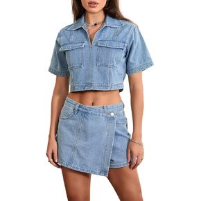 Owl's-Yard Women’s 2 Piece Denim Outfits y2k Short Sleeve Lapel Jean Tops+Asymmetrical Shorts Set Streetwear