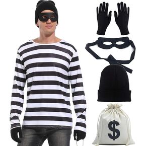 Adult Unisex Robber Costume Set Black and White Striped T-Shirt Thief Accessories for Halloween Cosplay Costume