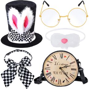 Kyson Fancy White Rabbit Costume Accessories Set 5Pcs Bunny Ear Top Hat,Bow Tie,Nose,Glasses,Clock Bag for Halloween Easter
