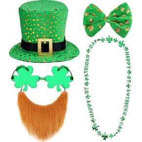 Haysandy 5 Pcs St. Patrick's Day Leprechaun Costume Suit Set Green Leprechaun Hat Fake Beard Mustaches Shamrock Bow Tie Clover Glasses Shamrock Necklace Irish Costume Accessories for Men Woman