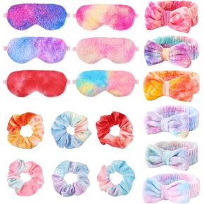 18 PCS Sleepover Party Supplies for Girls ، Plush Sleep Eye Mask Soft Spa Hairband Hair Scrunchies for Spa Birthday ، Bachelorette Party ، Slumber Party