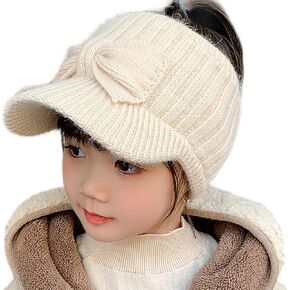 Kid Girl Ponytail Knit Visor - Warm Beanie-Hat for Littles Girls for 2-7 Years Old