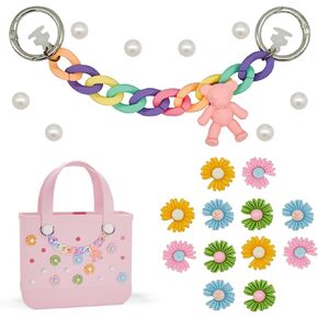 سحر زهرة 12pcs ， 8pcs سحر اللؤلؤ و Rainbow Bear Chain ملحقًا لأكياس Bogg وببساطة حقائب جنوبية ، ملحقات زخرفية لتخصيص حقيبة حمل الشاطئ الخاصة بك