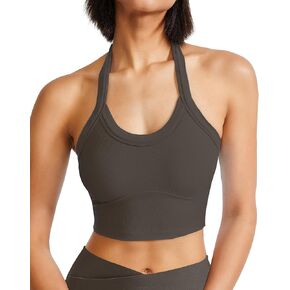 Halter Sports Bra Longline Open Back Workout Top Ribbed Crop Tank Tops with Built in Bra Gym Yoga Push Up in Kuwait