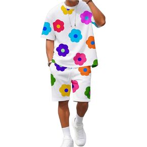 Men's 2 Piece Outfits Floral Short Sleeve Crew Neck T Shirt and Drawstring Waist Shorts Y2K Tracksuit