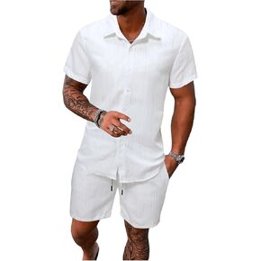 COZYEASE Men's 2 Piece Outfits Textured Short Sleeve Button Down Shirt and Drawstring Waist Shorts Set