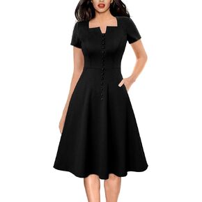 VFSHOW Womens Business Square Neck Notch Work Office A-Line Vintage Church Fit and Flare Dress