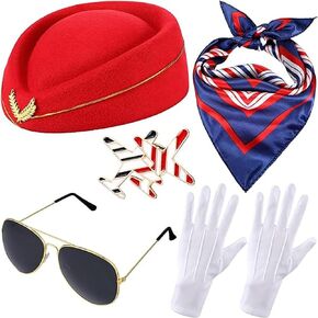 5pcs ملحقات الأزياء المضيفة لـ Airline مجموعة ملحقات ملحقات زي إكسسوارات زي Cosplay للبالغين الفتيات Cosplay Dress Up Party (Red)