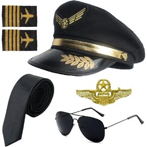 Pilot Costume Accessories Kit, Halloween Dress Up Pilot Accessories Set with Pilot Hat Sunglasses Pilot Wings Badge Tie,Airline Pilot Halloween Party Supplies
