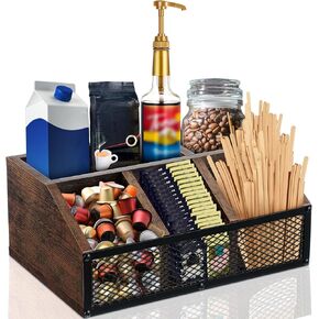 Yalikop Coffee Station Organizer Coffee Bar Holder for Countertop Coffee and Tea Condiment Pod Wooden Storage Basket Rustic Coffee Bar Organizer with Iron Mesh for Coffee Accessories Organizer Decor
