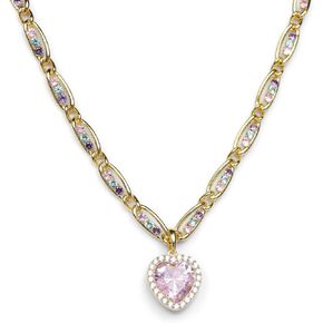 24K Gold Plated Multicolor Pastel Crystal Chain Link Choker Necklace with Heart Pendant for Women