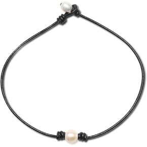 Pearl Black Leather Choker Necklace Genuine Leather Wrap Rope Pearl Choker Necklace Jewelry with 2.0mm Black Genuine Leather Cord 14 15 16 18 Inch