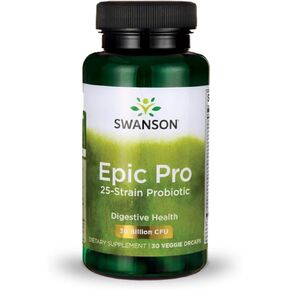 Swanson Epic-Pro 25-Strain Probiotic 30 Billion CFU Digestive Health Immune System Support Prebiotic Nutraflora FOS 30 DRcaps Veggie Capsules (Caps)