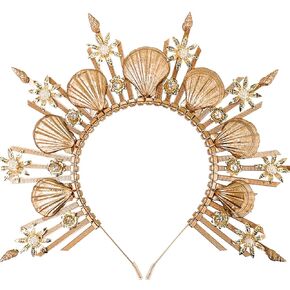 JeVenis Luxury Gold Halo Crown Headpiece Mermaid Headband Seashell Crown Headband Siren Costume Women Halloween Cosplay Renaissance