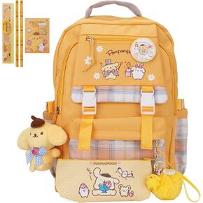 حقيبة الظهر Juju Pompompurin - حقائب الظهر Kawaii Pompompurin - حقيبة ظهر صفراء Pom Purin Stuff - لوازم مدرسة Pompompurin - ملحقات Pompompurin مع Pompompurin Plush - Pompom Purin