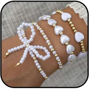 Pearl Bow Bracelet for Women Gold Stack Pearl Beaded Bracelet Chunky Bow Knot Chain Bracelet Adjustable Small Ball Charm Bracelet Trendy Jewelry Accessories