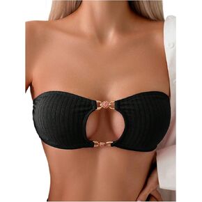 SOLY HUX Women's Cut Out Bandeau Bikini Top Strapless Ring Linked Tie Back Swim Bathing Suit Top