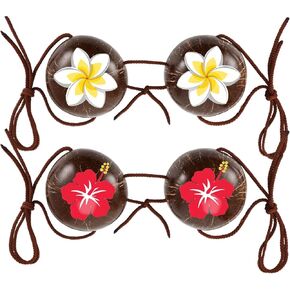 2 Pcs Hawaiian Flower Coconut Bra with Cord Colorful Flower Coconut Bikini Top Shell Chest Tops for Women Bikini Luau Party Summer Party Brown