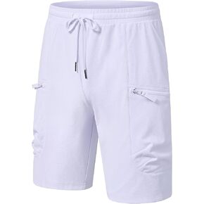 QPNGRP Men's Knit PlaidCloth 8" Inseam Elastic Waist Zipper Cargo Shorts