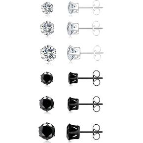 ONESING 6 Pairs Stud Earrings for Men Women, Stainless Steel 3-4-5mm Hypoallergenic Cubic Zirconia Earrings Studs Silver/Black Cartilage Helix Tragus Earring Set for Multiple Piercing