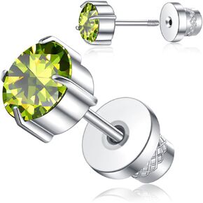 Titanium Screw Back Stud Earrings for Women Men, Hypoallergenic Double Side 5A Cubic Zirconia Flat Back Earrings Birthstone Stud Jewelry 6mm