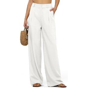 Women's Linen Pants Wide Leg Dressy Casual Beach Linen Pants Summer with Pockets 29" 31"