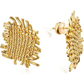 LecAit Gold Statement Earrings for Women,Flat Woven Texture Stud Earrings 925 Sterling Silver Post Hypoallergenic Earrings for Women Girls Jewelry Gifts