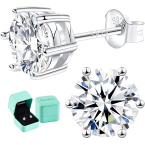 Moissanite Stud Earrings, 0.6–3.0ct Lab Created Diamond Earrings for Women & Men, D Color VVS1 Clarity, 925 Sterling Silver, 14K White Gold Plated, Hypoallergenic Solitaire Studs Jewelry Gift