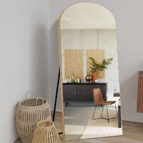 مرآة ذات طول كامل مقوس ، إطار رفيع خشبي ، 71 "x32" مع حامل ، معلق أو يميل على الحائط ، مرآة خلع الملابس في غرفة النوم ، الذهب