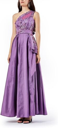 Women's One-Shoulder Embroidered Taffeta Dress – Floral Beaded Maxi with Overlay in Saudi Arabia